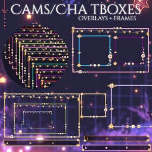 Puede incluir: Superposiciones y marcos digitales para streaming, con un tema celestial. El dise&ntilde;o incluye varios marcos rectangulares y cuadrados con detalles florales y de estrellas, y guirnaldas de luces. El texto "CAMS/CHA TBOXES OVERLAYS + FRAMES" se muestra en la parte superior.