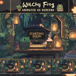 Frog Witch Screens | Moon Magic Wizard Pastel Overlay Cute Witchy Plants Animated Twitch Screens Cozy Vtuber Overlays, Black Alerts