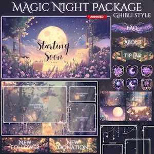Puede incluir: Un paquete de arte digital de estilo Ghibli, con una escena nocturna, una luna, un gato y la frase «Starting Soon». Incluye superposiciones animadas, paneles y insignias para streaming, con temática floral y estelar.