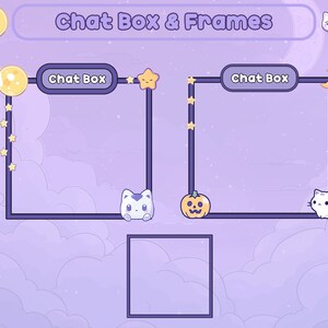 May include: Two purple chat boxes with the text "Chat Box" on a purple background with clouds, stars, and moons. The chat boxes are decorated with a pumpkin, a cat, and a star.