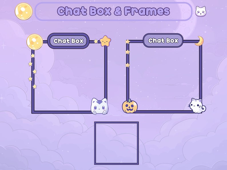 May include: Two purple chat boxes with the text "Chat Box" on a purple background with clouds, stars, and moons. The chat boxes are decorated with a pumpkin, a cat, and a star.