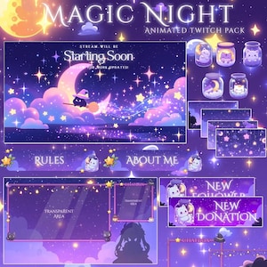 Puede incluir: Un diseño de arte digital para una transmisión de Twitch, con un tema de cielo nocturno púrpura y azul. El diseño incluye una luna creciente, estrellas y una bruja en una escoba. El texto incluye "MAGIC NIGHT" y "Starting Soon".