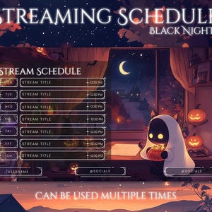 Peut inclure: Planning de diffusion numérique sur le thème d'Halloween. Le design présente un chat noir en costume de fantôme, des citrouilles et un croissant de lune. Le texte indique "STREAMING SCHEDULE BLACK NIGHT" et "STREAM SCHEDULE".