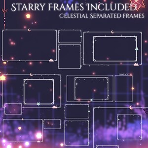 Puede incluir: Gr&aacute;fico digital con m&uacute;ltiples marcos con bordes blancos y detalles celestiales, como estrellas y lunas crecientes, sobre un fondo degradado p&uacute;rpura oscuro y rosa. El texto en la parte superior dice "Starry Frames Included" y "Celestial Separated Frames."
