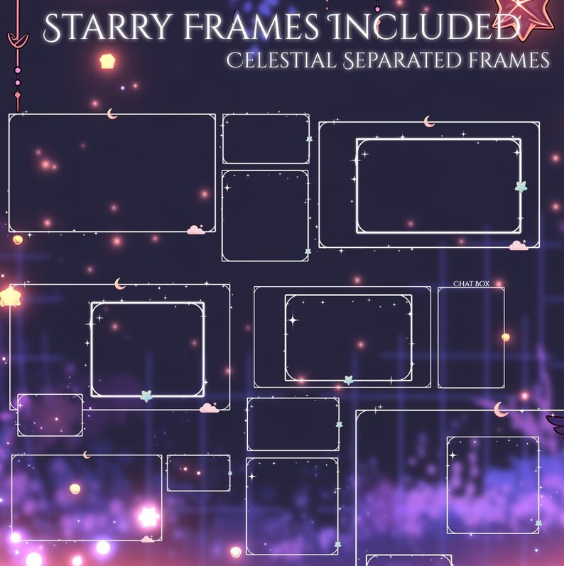 Puede incluir: Gr&aacute;fico digital con m&uacute;ltiples marcos con bordes blancos y detalles celestiales, como estrellas y lunas crecientes, sobre un fondo degradado p&uacute;rpura oscuro y rosa. El texto en la parte superior dice "Starry Frames Included" y "Celestial Separated Frames."