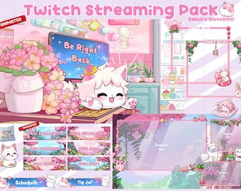 Può includere: Un pacchetto di streaming Twitch rosa e bianco con un tema di gatto carino. Il pacchetto include sovrapposizioni animate per nuovi follower, abbonati, donazioni, raid, cheer e host. Include anche una sovrapposizione di programma e di barattolo per le mance. Lo sfondo presenta una stanza rosa e bianca con un gatto seduto su una scrivania. Il testo "Be Right Back..." è visualizzato su uno schermo di computer.