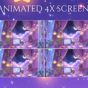 May include: Animated 4x screens with a purple background and a night sky scene. The screens show a cat sitting in front of a laptop with different text on each screen: "Starting Soon", "Ending Soon", "Be Right Back", and "Currently Offline".