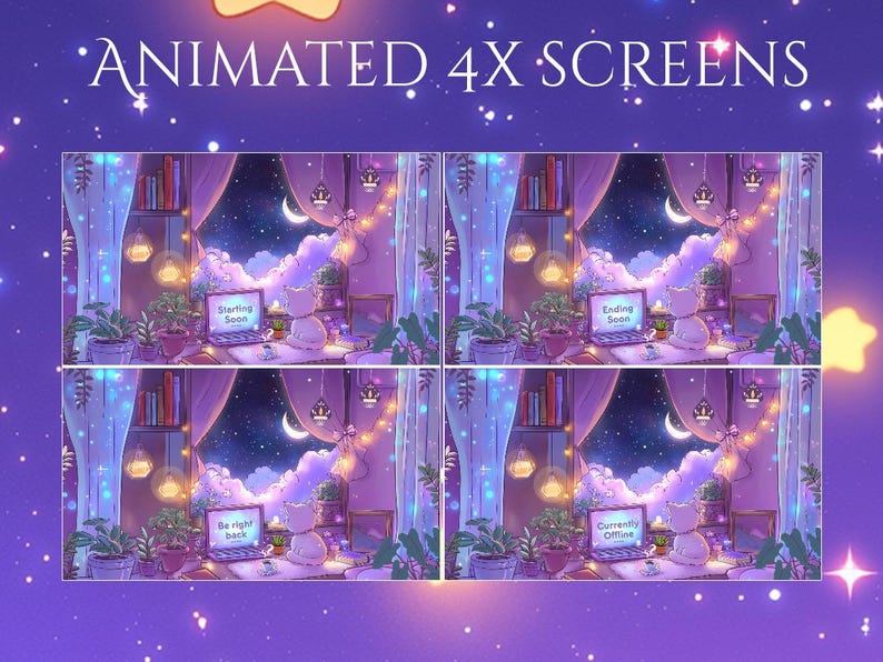 May include: Animated 4x screens with a purple background and a night sky scene. The screens show a cat sitting in front of a laptop with different text on each screen: "Starting Soon", "Ending Soon", "Be Right Back", and "Currently Offline".