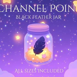 Op de afbeelding: Een glazen pot met een zwarte veer erin, omringd door kleine, glimmende sterren. De pot heeft een roze deksel en is gevuld met een gele substantie. De tekst "CHANNEL POINT BLACK FEATHER JAR" staat boven de pot, en de tekst "ALL SIZES INCLUDED" staat onder de pot.