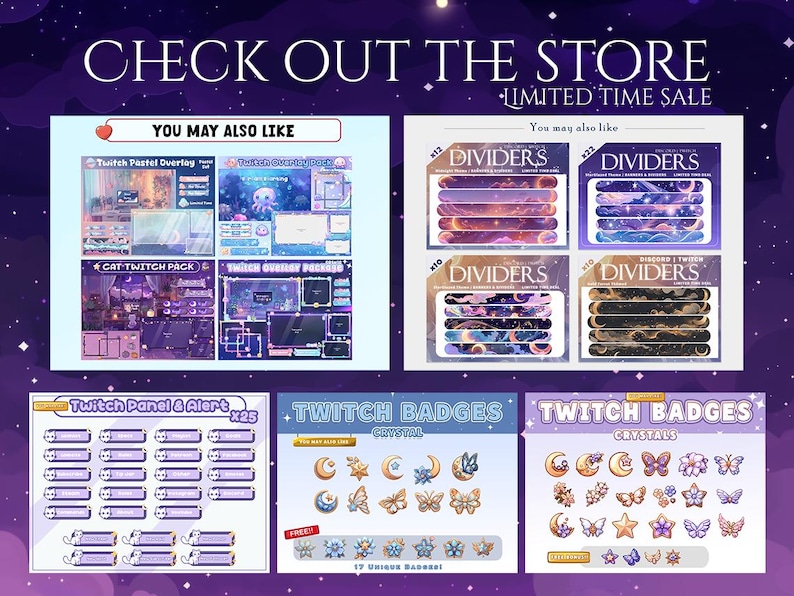 May include: Digital art assets for Twitch streamers are displayed. The image showcases panels, overlays, and badges with celestial and pastel themes. Text includes "CHECK OUT THE STORE" and "LIMITED TIME SALE".
