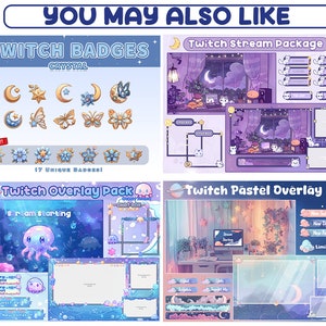 May include: A collection of four digital designs for Twitch streamers. The designs feature a pastel color scheme with cute illustrations of a cat, an octopus, and a room with a window. The designs include overlays, badges, and a stream package.