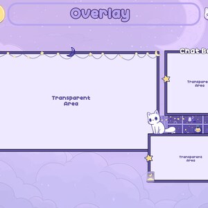 May include: Purple and white Twitch overlay with a moon and stars theme. The overlay has a large transparent area for a webcam, a smaller transparent area for a chat box, and a title bar that says "Overlay".