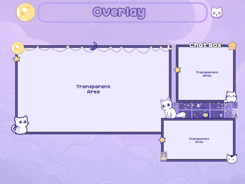 May include: Purple and white Twitch overlay with a moon and stars theme. The overlay has a large transparent area for a webcam, a smaller transparent area for a chat box, and a title bar that says "Overlay".