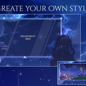 May include: A digital art piece with a night sky theme. The words "CREATE YOUR OWN STYLE" are at the top. A large rectangular frame with a transparent center is surrounded by a blue glow. A smaller image is in the bottom right corner.