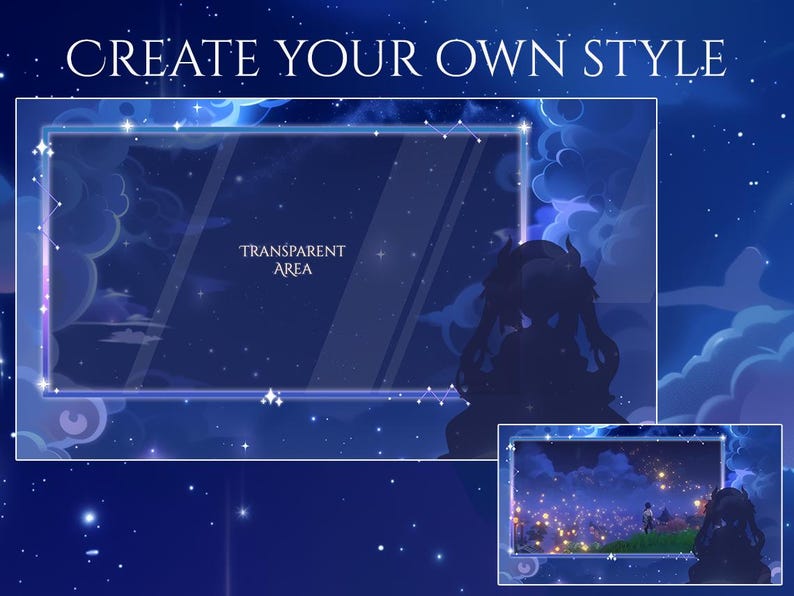 May include: A digital art piece with a night sky theme. The words "CREATE YOUR OWN STYLE" are at the top. A large rectangular frame with a transparent center is surrounded by a blue glow. A smaller image is in the bottom right corner.