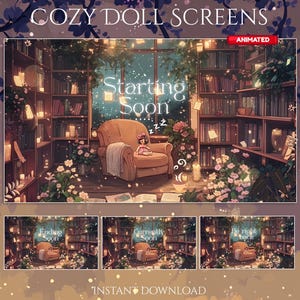 Könnte beinhalten: Animierte digitale Illustration eines gemütlichen Raumes mit Bücherregalen, Kerzen und einem bequemen Sessel. Der Text "Starting Soon" wird angezeigt, zusammen mit anderen Szenen mit der Aufschrift "Ending Soon", "Currently Soon" und "Be right back". Das Bild ist mit "Instant Download" beschriftet.