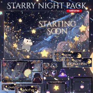 May include: Digital art pack with a starry night theme. The image shows a cat, stars, and the words "Starting Soon." Additional elements include chat boxes, game screens, and donation banners, all with a celestial design.