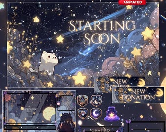 May include: A digital art pack with a starry night theme. The image features a cat, stars, and the words "Starting Soon." Additional elements include chat boxes, game screens, and donation banners, all with a celestial design.