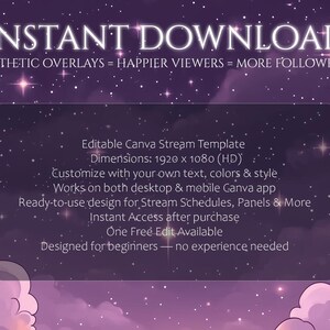 Op de afbeelding: Een digitale afbeelding met de witte woorden "INSTANT DOWNLOAD" boven de tekst "Aesthetic Overlays = Happier Viewers = More Followers". De afbeelding is een sjabloon voor streaming, met een paarse en roze sterrenhemel achtergrond.