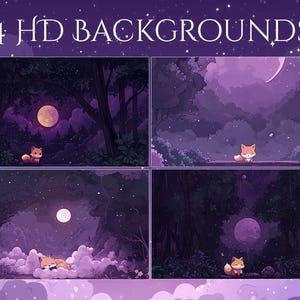 May include: Four digital backgrounds featuring a purple night forest scene with a full moon, stars, and a cartoon fox. The text "4 HD BACKGROUNDS" is at the top. The fox is in different poses in each scene.