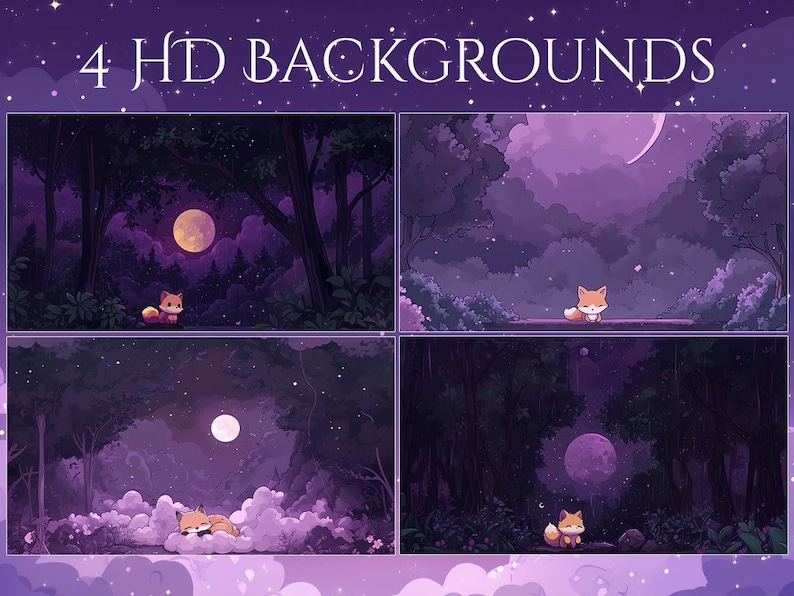 May include: Four digital backgrounds featuring a purple night forest scene with a full moon, stars, and a cartoon fox. The text "4 HD BACKGROUNDS" is at the top. The fox is in different poses in each scene.