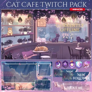 May include: Animated Twitch stream overlay pack with a cat cafe theme. The overlay features a purple and pink color scheme with a variety of cute cats and a welcome message. The overlay also includes a "currently offline" banner, a "new follower" banner, and an "about me" banner.