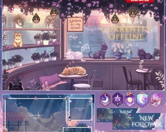 Cat Cafe Stream Package / Moon / Spring / Pastel / Cute / Overlay / Cats / Dreamy / Twitch screen / Twitch Overlay / Celestial | Cafe | Tea