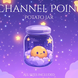 May include: A digital illustration of a jar containing a smiling yellow character on a cloud, with stars inside and a purple night sky background. The jar is labelled "CHANNEL POINT POTATO JAR". Text at the bottom reads "ALL SIZES INCLUDED".