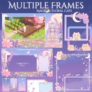 May include: A digital art design featuring multiple frames with a magical floral cats theme. The design includes a central anime-style character, cat illustrations, floral elements, and text that reads "MULTIPLE FRAMES" and "MAGICAL FLORAL CATS". The color palette is primarily purple and pink.