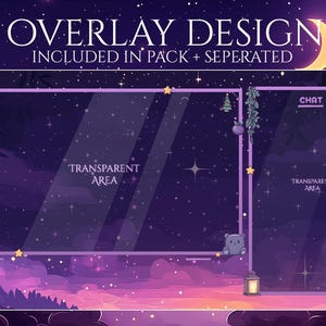 May include: Overlay design with a night sky theme. The design features a purple and pink gradient background with stars, a crescent moon, and decorative elements like hanging plants, lanterns, and a cat and bear illustration. Text includes "OVERLAY DESIGN" and "INCLUDED IN PACK + SEPERATED."