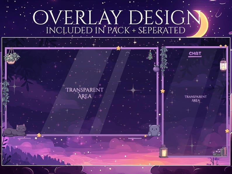 May include: Overlay design with a night sky theme. The design features a purple and pink gradient background with stars, a crescent moon, and decorative elements like hanging plants, lanterns, and a cat and bear illustration. Text includes "OVERLAY DESIGN" and "INCLUDED IN PACK + SEPERATED."