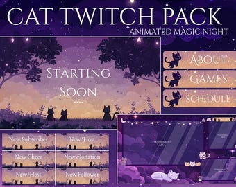 Puede incluir: Paquete de superposición de transmisión de Twitch animado con un fondo de cielo nocturno morado y rosa con gatos y estrellas. El paquete incluye una pantalla de inicio pronto, una pantalla de chat y alertas para nuevos suscriptores, hosts, vítores, donaciones y seguidores.