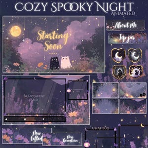 Op de afbeelding: Digitale geanimeerde overlay-set met een gezellig, spookachtig nachtthema. Beschikt over een paars en goud kleurenschema met een volle maan, sterren en twee katachtige karakters. Inclusief panelen voor "About Me", "Tip Jar" en chatboxen.