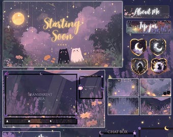 Ghost Cats Stream Package / Moon / Night / Dark / Cute / Overlay / Bats / Halloween / Twitch screen / Twitch Overlay, Lavenders Animated