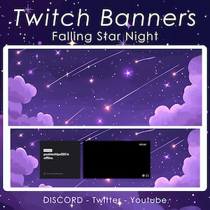 Può includere: Un design di banner digitale per Twitch, con un cielo notturno viola con stelle cadenti e nuvole soffici. Il testo recita "Twitch Banners" e "Falling Star Night". Include display di stato offline e icone di social media.