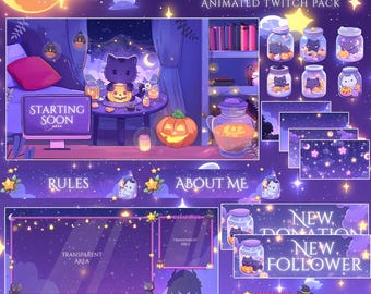 Black Cat Twitch Overlay | Animated Overlay Stream Package, Cat Twitch | Cute Twitch Overlay | Animated Screen | star overlay  | Halloween