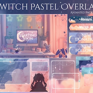 Puede incluir: Un paquete de superposición de Twitch de temática pastel con elementos animados. El diseño incluye una configuración de escritorio con un monitor que muestra "Starting Soon", junto con paneles animados para "Steam", "About Me", "New Donation" y "New Follower".