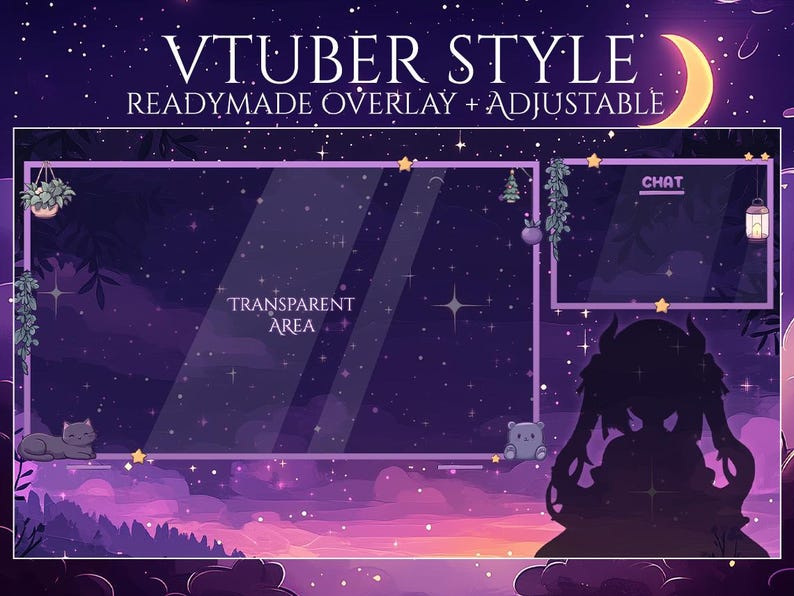 May include: A digital overlay for VTuber streaming, featuring a starry night sky design with a crescent moon and decorative elements. The overlay includes a transparent area for the stream and a chat box, with the text "VTUBER STYLE" and "READYMADE OVERLAY + ADJUSTABLE".