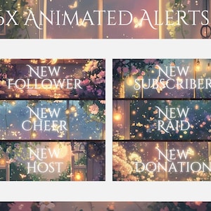 Puede incluir: Alertas animadas para streaming, con diseños florales y de mariposas. La imagen muestra seis alertas diferentes: Nuevo Seguidor, Nuevo Cheer, Nuevo Host, Nuevo Suscriptor, Nuevo Raid y Nuevo Donación. El texto es blanco sobre un fondo de colores suaves.