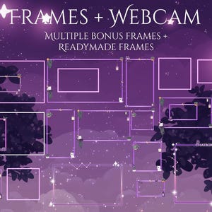 May include: A digital art graphic with the words "FRAMES + WEBCAM" in white script. The image features multiple purple frames with decorative elements, set against a starry purple background. Text reads "MULTIPLE BONUS FRAMES + READYMADE FRAMES."