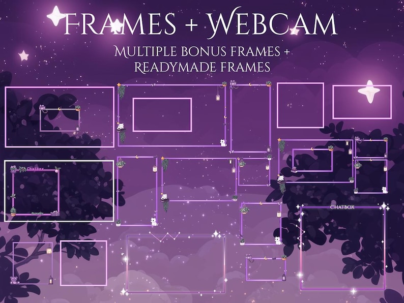 May include: A digital art graphic with the words "FRAMES + WEBCAM" in white script. The image features multiple purple frames with decorative elements, set against a starry purple background. Text reads "MULTIPLE BONUS FRAMES + READYMADE FRAMES."
