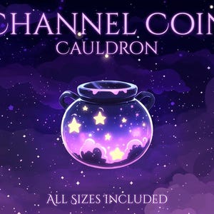 Puede incluir: Ilustración digital de un caldero con temática de cielo estrellado. El caldero es de color púrpura oscuro con un interior brillante de estrellas y nubes. El texto "CHANNEL COIN CAULDRON" está en la parte superior y "ALL SIZES INCLUDED" en la inferior.