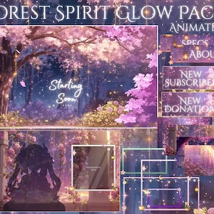 May include: A digital art pack with a forest theme. The image features a vibrant, animated forest scene with pink cherry blossoms, twinkling lights, and the text "Starting Soon." Additional elements include animated overlays for streaming, with text like "New Subscriber" and "New Donation."