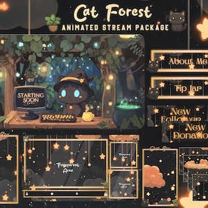 Hexenkatze Twitch Pack | Mond Magie Zauberer Overlay Niedliche Witchy Katzen Pflanzen Animierte Twitch Screens Gemütliches Vtuber Overlays Tracking