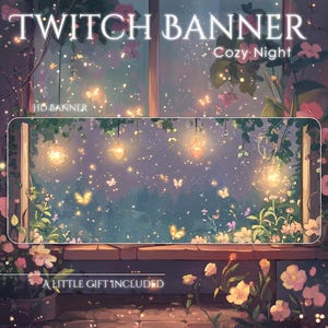 Magisk trädgård i skogen Twitch-banner | Ghibli-älvstil med blommor och fjärilar | Mysig ström, natthimmel, estetisk banner