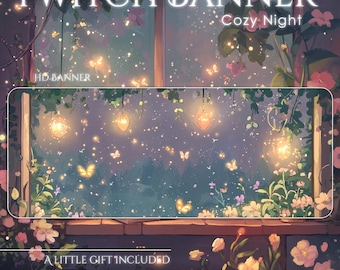 Banner de Twitch Jardín Mágico del Bosque / Flores y Mariposas al Estilo de Hadas de Ghibli / Banner Estético de Resplandor de Cielo Nocturno con Acogedor Rimante