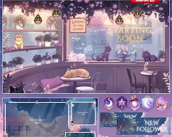 Cat Cafe Stream Package / Moon / Spring / Pastel / Cute / Overlay / Cats / Dreamy / Twitch screen / Twitch Overlay / Celestial | Cafe | Tea
