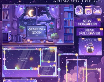 Magical Night Twitch Overlay, Twitch screen | Animated Overlay Stream Package, Cat Twitch | Cute Twitch Overlay | Aesthetic | star overlay