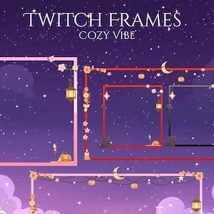 May include: Digital Twitch frames with a cozy vibe. The image features several rectangular frames in pink, red, and black, decorated with stars, moons, pumpkins, and lanterns against a purple night sky background. The text "Twitch Frames" and "Cozy Vibe" are at the top.