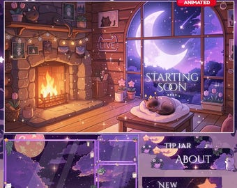 May include: An animated digital art pack titled "Magic Night Pack" featuring a cozy room with a fireplace, a large window with a moon, and a sleeping cat. Additional graphics include overlay elements with text like "Starting Soon".